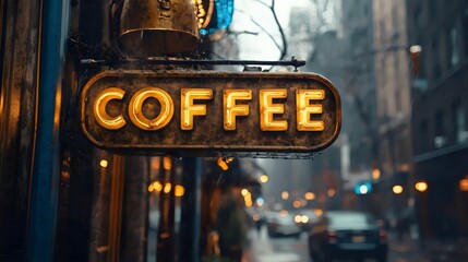 A warm neon sign welcomes patrons to a cozy coffee shop in a bustling, rainy city setting.
