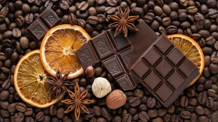 Dark chocolate on coffee beans with dried orange, hazelnuts, and spice