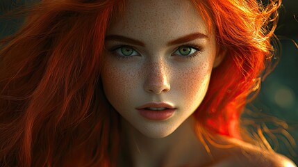 A striking portrait of a woman with vibrant red hair and captivating green eyes in a close up shot
