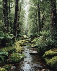 Obraz premium Serene Forest Stream with Mossy Rocks and Lush Green Ferns in a Tranquil Woodland Setting