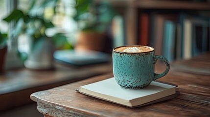 A turquoise mug with latte art on a book on a wooden table with a plant and books in the background