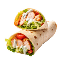 chicken tortilla wrap with tomato lettuce isolated on transparent white background, clipping path