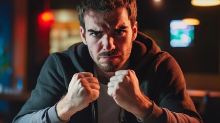Man in Intense Focus, Ready for Action