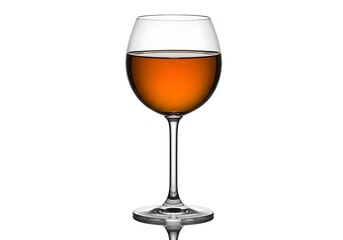 A wine glass filled with amber liquid on a white background with a reflective surface below it
