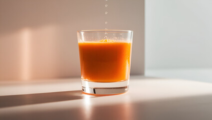 Freshly squeezed carrot juice in a transparent glass, isolated on a white background