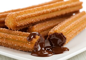 A close up of churros with chocolate sauce on a white plate presented in a delicious manner food shot