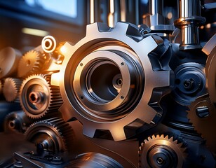 close up of industrial machinery with metallic gears and components
