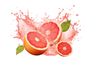 Three grapefruit halves with green leaves surrounded by a pink liquid splash on a transparent background png
