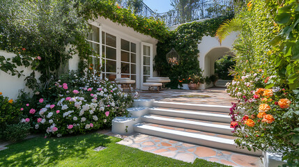 Fototapeta premium Idyllic outdoor patio with vibrant flowers, arched doorway, and lush greenery for a serene ambiance.