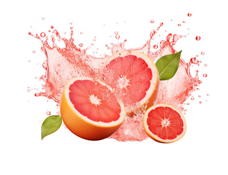 Three grapefruit halves with green leaves surrounded by a pink liquid splash on a transparent background png
