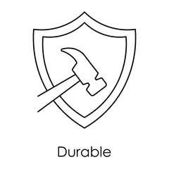 Vector icon for durable materials. Displays a shield with a hammer representing strength, reliability, and long-lasting construction.
