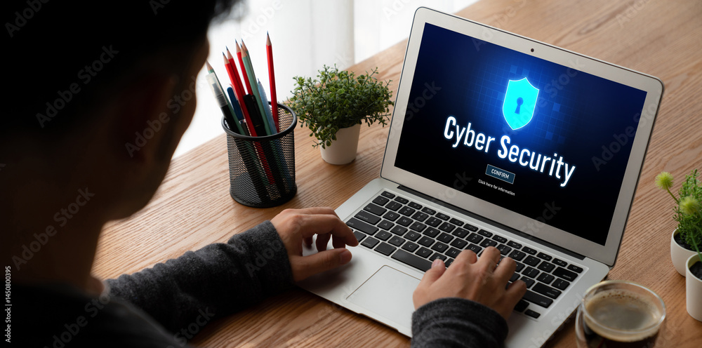 Poster cyber security system on computer screen protect private information snugly from hacker and cyber at