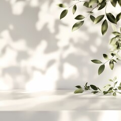 Sunlit leaves casting soft shadows on a bright white surface Nature tranquility peaceful minimalist design