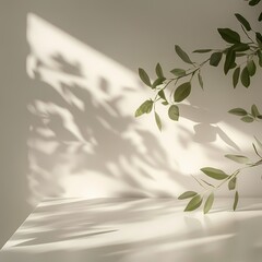 Green shadows on beige wall, leafy branches, serene minimalist vibe, natural light highlights, peaceful atmosphere.