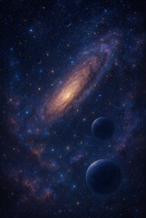 A bright blue planet shines in the deep, starry cosmos of the night sky, surrounded by a dark nebula in the abstract universe