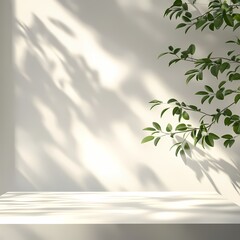 Leaf shadows on minimal white wall, natural decor, serene indoor scene, soft light, tranquil atmosphere.