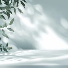 Foliage and soft shadows on a minimal light background, peaceful, natural ambiance, soothing green leaves