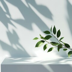 Minimalist nature composition with delicate green leaves casting soft shadows on a light background, serene and elegant.