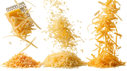 Grated Cheddar Cheese Falling in Different Textures and Piles on a White Background