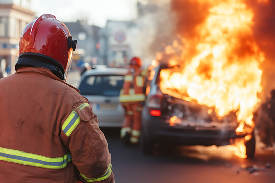 Firefighters respond to a car engulfed in flames on a city street, creating a dramatic scene of emergency response and urban firefighting challenges.