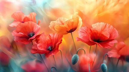 A vibrant display of red and orange poppy flowers against a soft colorful abstract background art style