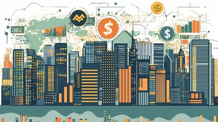Obraz premium Global finance cityscape, economic growth, world map background, business infographic