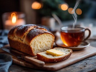 Cozy brioche loaf with steaming tea