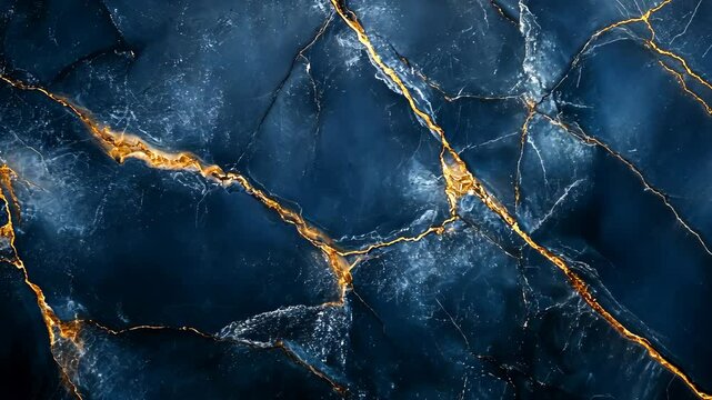 Glowing abstract patterns emerge in shifting marble textures with dynamic blue and gold veins