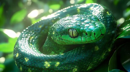Fototapeta premium A close-up of a vibrant green snake with captivating eyes, curled among green leaves.