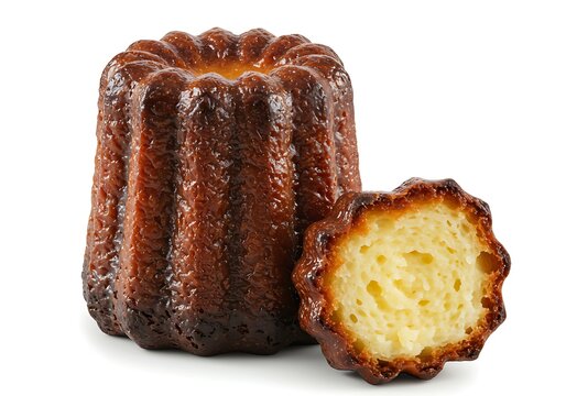 A canel&eacute; pastry whole and half cut showing the inside on a white background in a studio shot close up