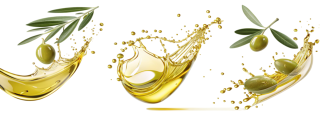 Fresh Olive Oil Splash with Green Olives and Leaves on a White Background