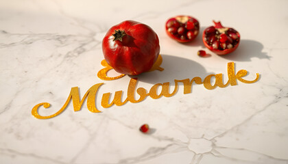 Fototapeta premium A mesmerizing 8K macro shot of a single red pomegranate (symbolizing blessings) on a marble surface with a gold-foiled 'Eid Mubarak' calligraphy shadow, ultra-sharp focus, luxurious aesthetic