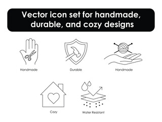 Vector icon set for handmade, durable, and cozy designs. Includes symbols for knitting, strength, comfort, and water resistance for creative and protective themes.