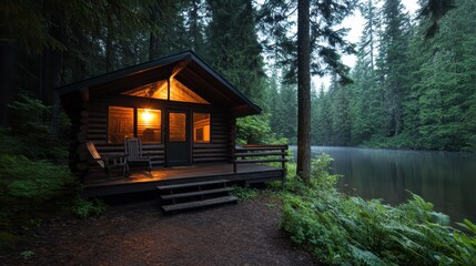 A quaint log cabin stands beside a tranquil pond, surrounded by trees, embodying stillness and serenity in nature, perfect for relaxation and peaceful escape from daily life.