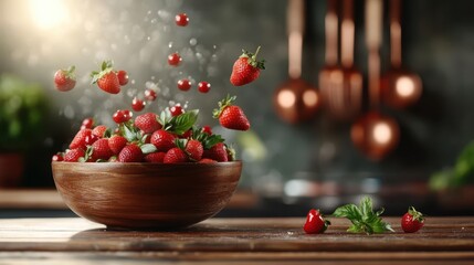 An enchanting scene of strawberries splashing out of a wooden bowl, capturing the essence of excitement and freshness in a lively kitchen setting, perfect for food photography.