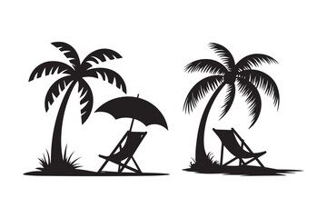 Tropical Beach Chair and Palm Tree Silhouette Vector Island Vacation Scene Clipart for Summer Designs