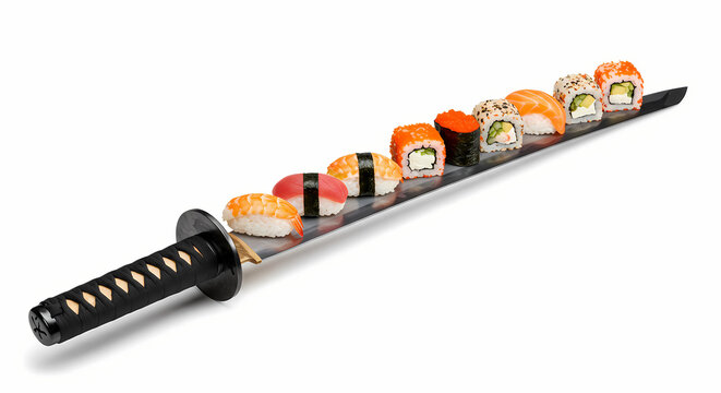 Photo of sushi on a jepan samurai sword