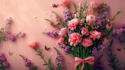 a bouquet of pions tied with a ribbon summer flowe