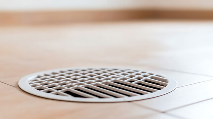 Close-up of a floor vent on light-colored tiles. The round, white vent features a grid pattern for air circulation in a modern home interior setting.