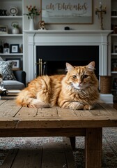 Orange Cat Lying on Wooden Table in Living Room