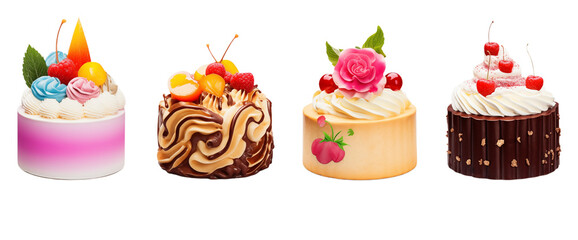 Four small cakes decorated with cream cherries and other toppings displayed in a row on transparent background png