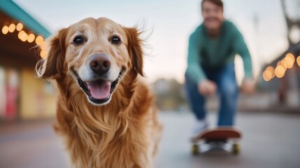 A joyful golden retriever is playfully running towards the camera while its skateboarder owner glides behind them, capturing a vibrant, heartwarming moment of companionship.