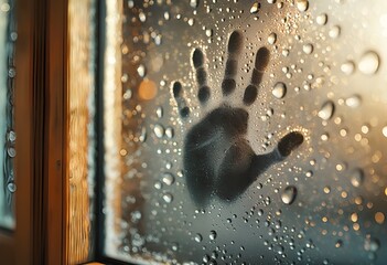 a dark handprint pressed against a rain-streaked windowpane creates a poignant and blurred impression amidst a cascade of water droplets.