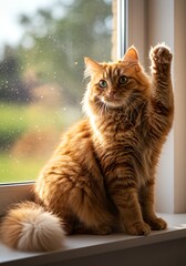 Orange Cat Raising Paw by Window