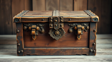 Old wooden chest with intricate carvings and rusty hinges, old, sepia, brown