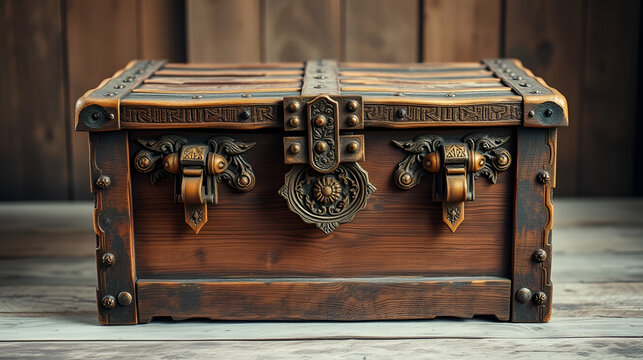 Old wooden chest with intricate carvings and rusty hinges, old, sepia, brown