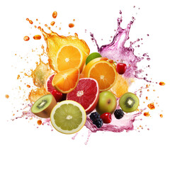 colorful multi vitamin fruit juice splash isolated on transparent white background, clipping path