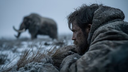  Primitive hunter hidden in frost-covered grasslands, watching a mammoth in the distance under heavy snow