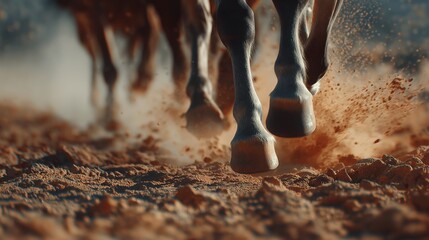 Close-up of running horse hooves kicking up dust across dry ground in dramatic action captured from low angle perfect for energy concepts, sport visuals and dynamic nature designs