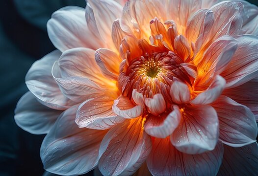 a close-up view of a vibrant orange dahlia with delicate petals and glistening water droplets against a dark background.